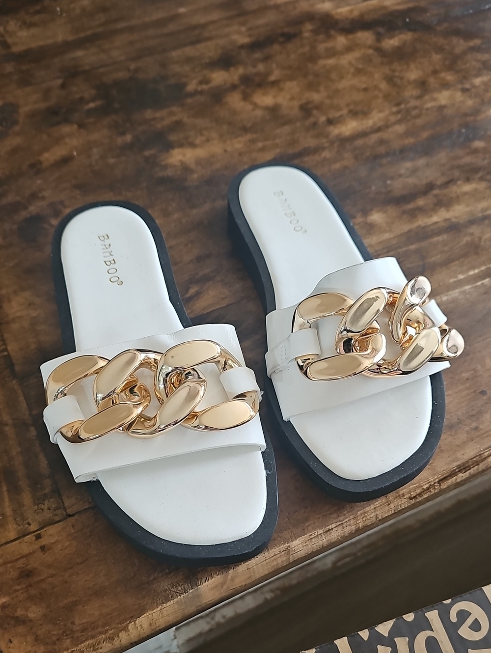 BAMBOO White Slide Sandals with Gold Chain Accent